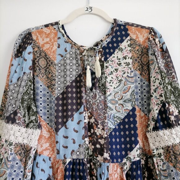 Cleo + Wolf Womens Multicolor Tasseled Patchwork Boho Peasant Blouse Top Size L - Picture 2 of 8
